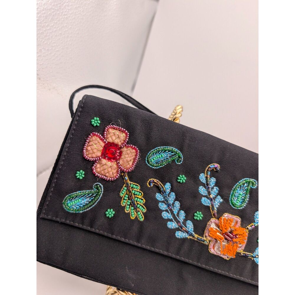 Giuseppe Zanotti Vintage Y2K Designer Evening Bag Black Beaded Satin Handbag - Picture 10 of 13